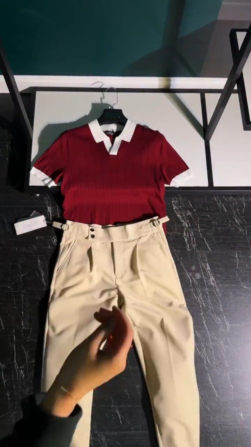Modern Minimalist Polo-Style Co-ord Set in Deep Burgundy & Beige β Available in Burgundy & Beige
