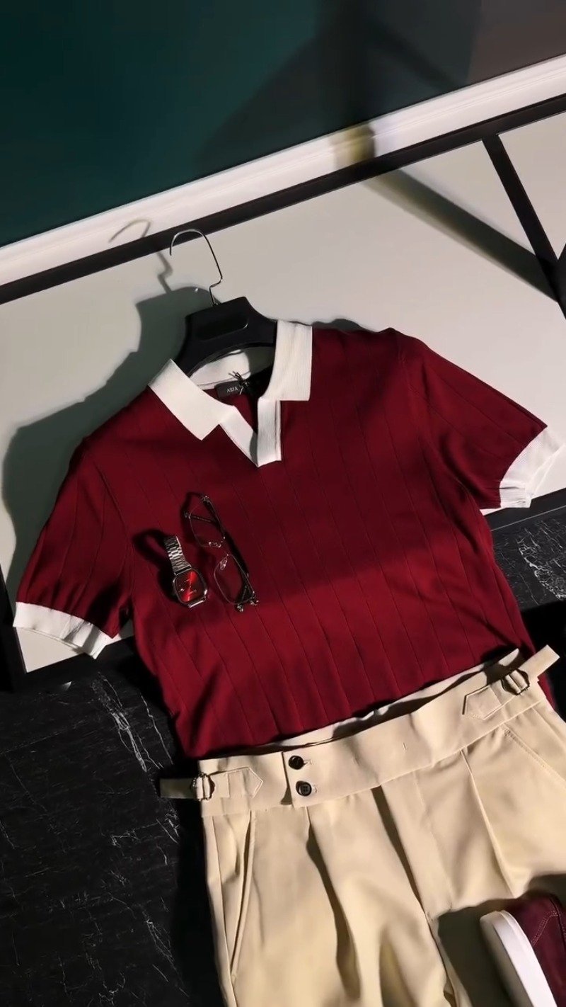 Modern Minimalist Polo-Style Co-ord Set in Deep Burgundy & Beige β Available in Burgundy & Beige - Image 2