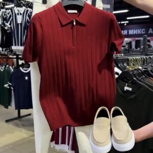 Urban Minimalist Ribbed Knit Polo & Trouser Set – Available in Deep Burgundy & Classic White