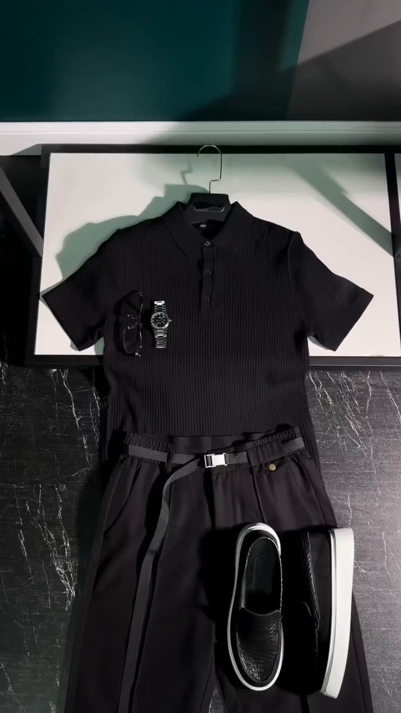 Minimalist Urban Co-ord Set with Ribbed Polo & Utility Trousers - Image 2