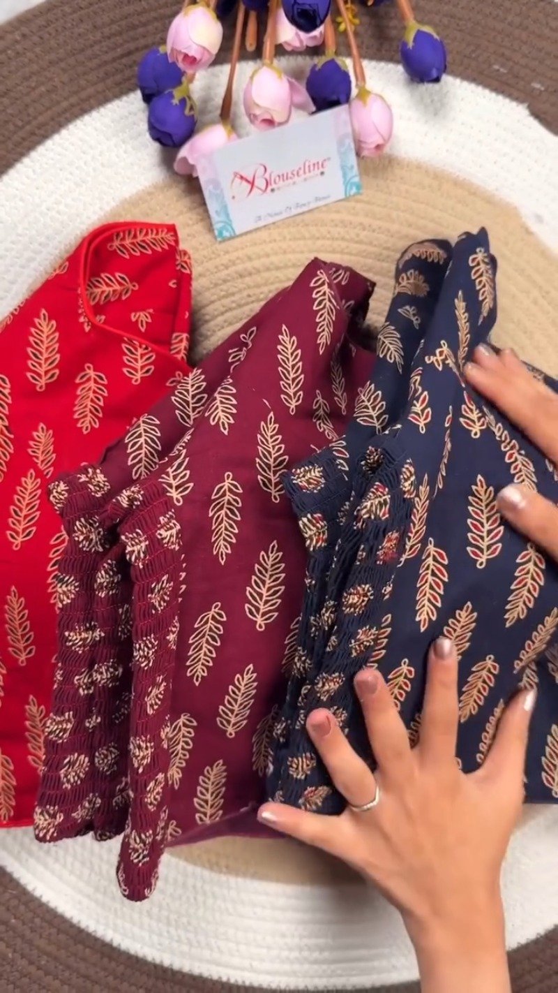 Classic Fern Leaf Print Smocked Blouse โ Available in Red, Maroon & Navy Blue - Image 4