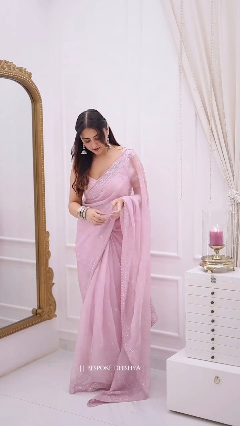 Ethereal Pastel Pink Sheer Organza Saree with Delicate Silver Threadwork - Image 2