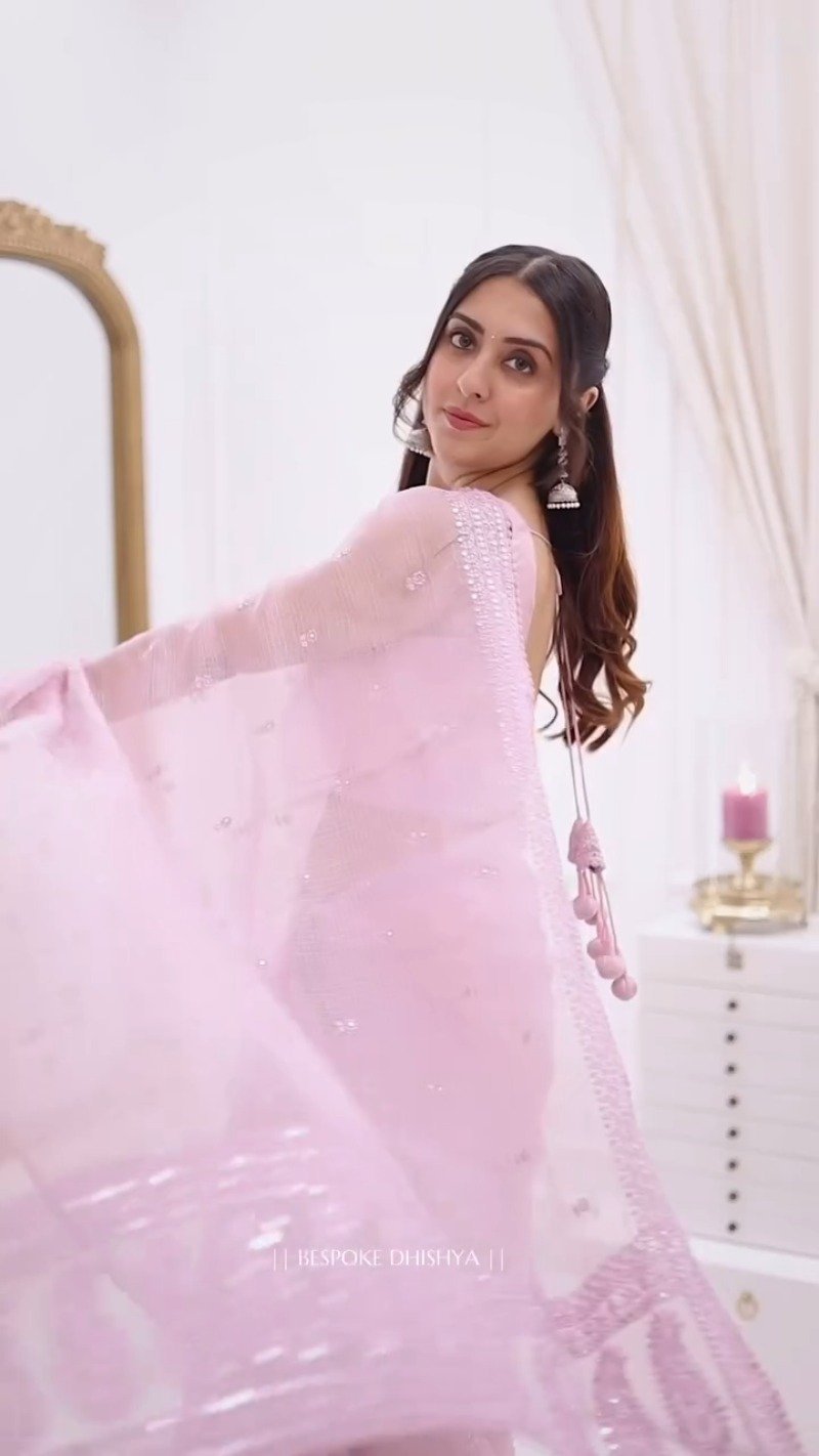 Ethereal Pastel Pink Sheer Organza Saree with Delicate Silver Threadwork - Image 3