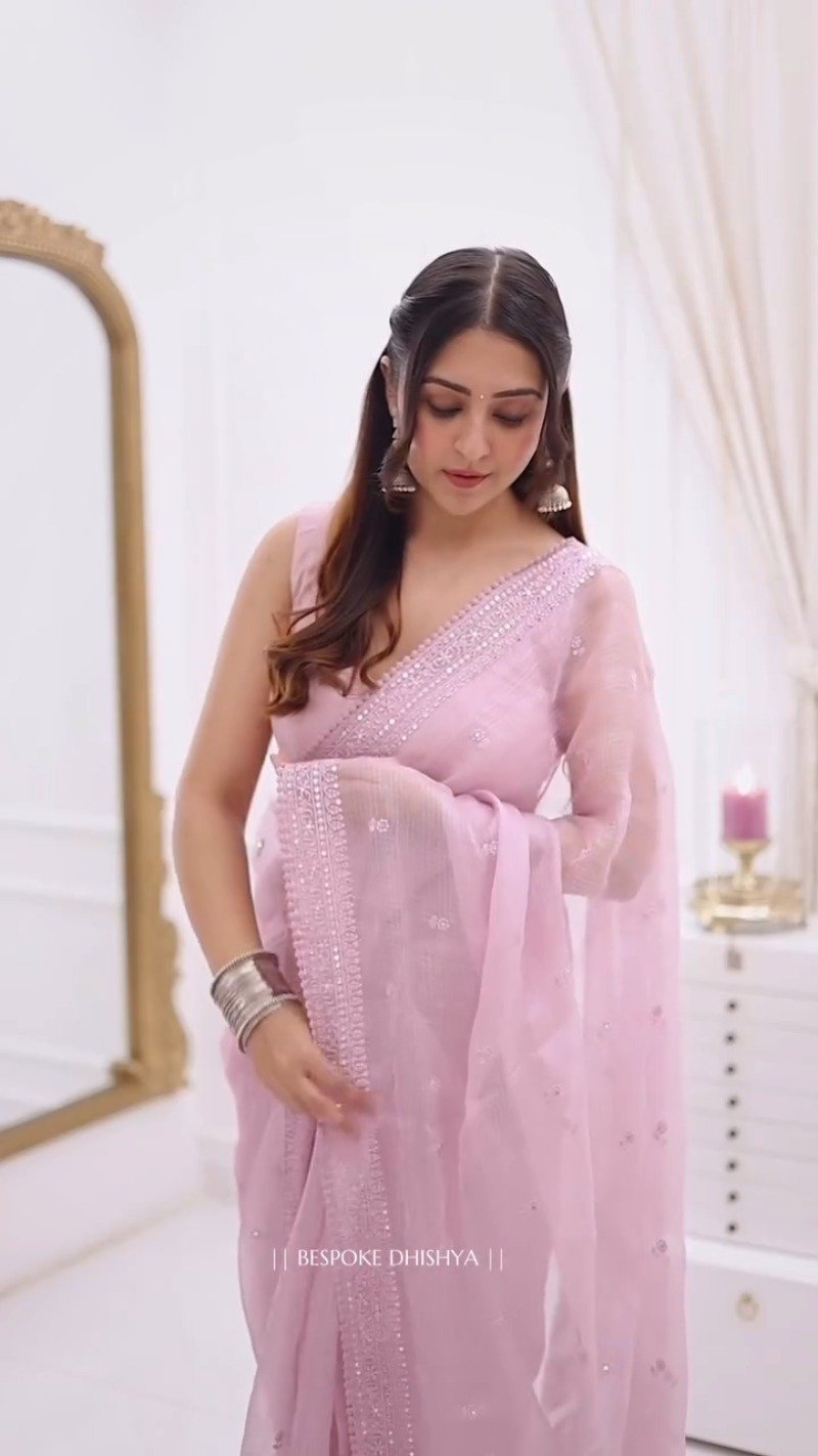 Ethereal Pastel Pink Sheer Organza Saree with Delicate Silver Threadwork - Image 4