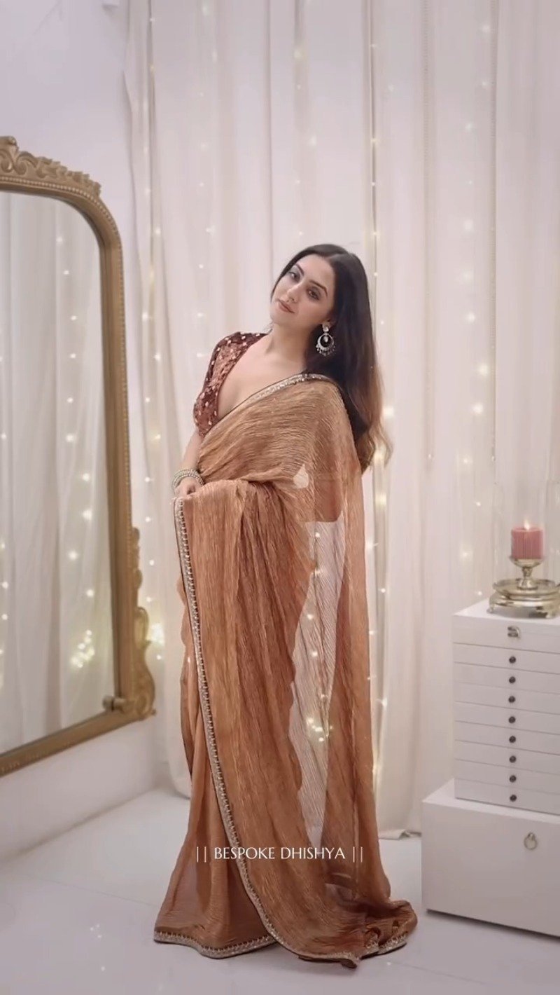 Metallic Copper Shimmer Saree with Velvet Embellished Blouse