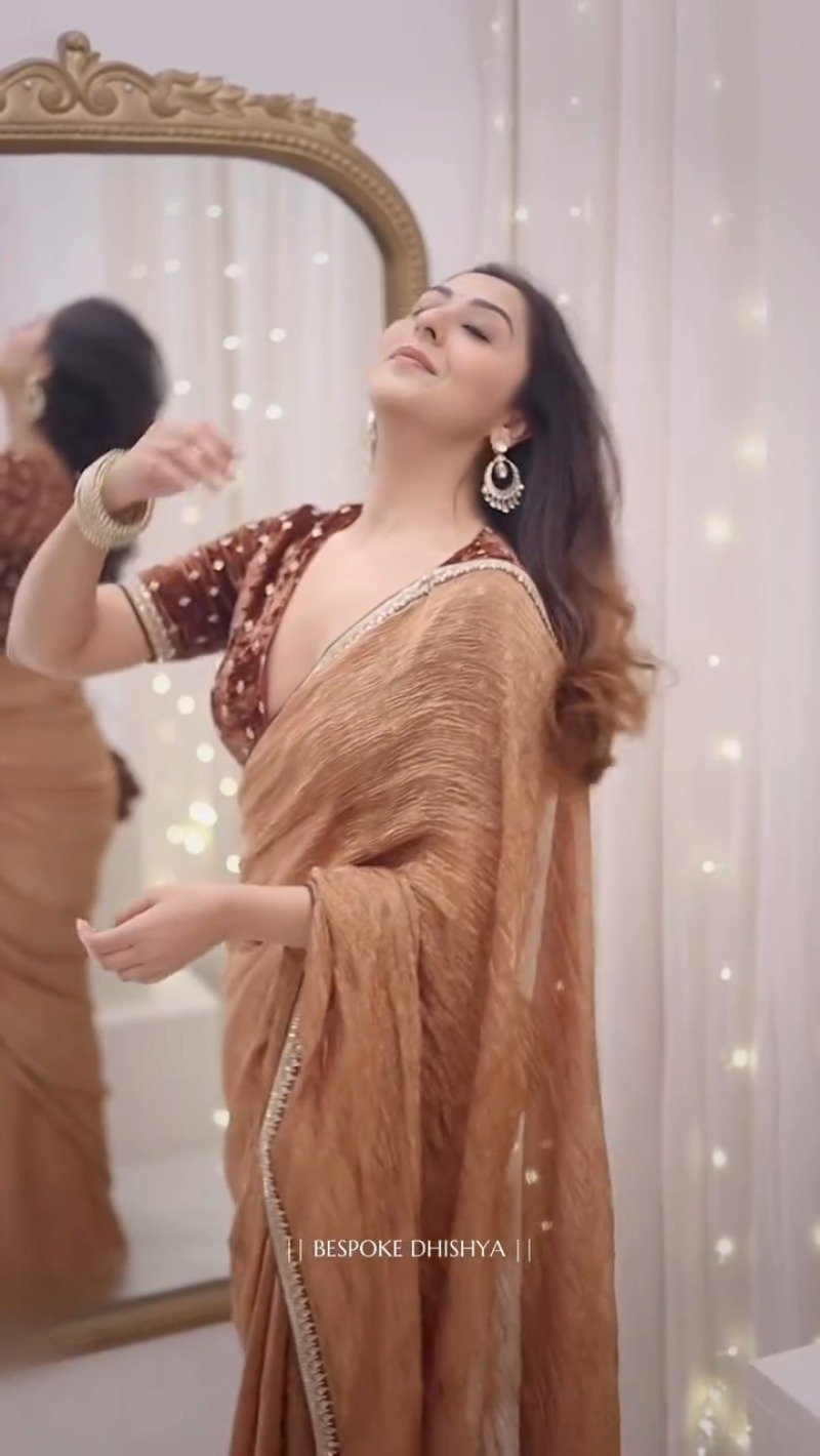 Metallic Copper Shimmer Saree with Velvet Embellished Blouse - Image 5