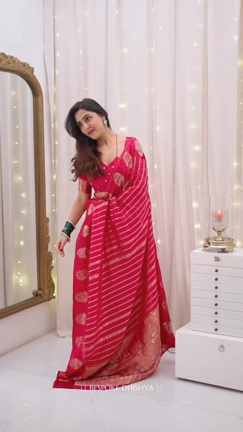 Radiant Crimson Zari-Striped Organza Saree with Embroidered Blouse - Image 3