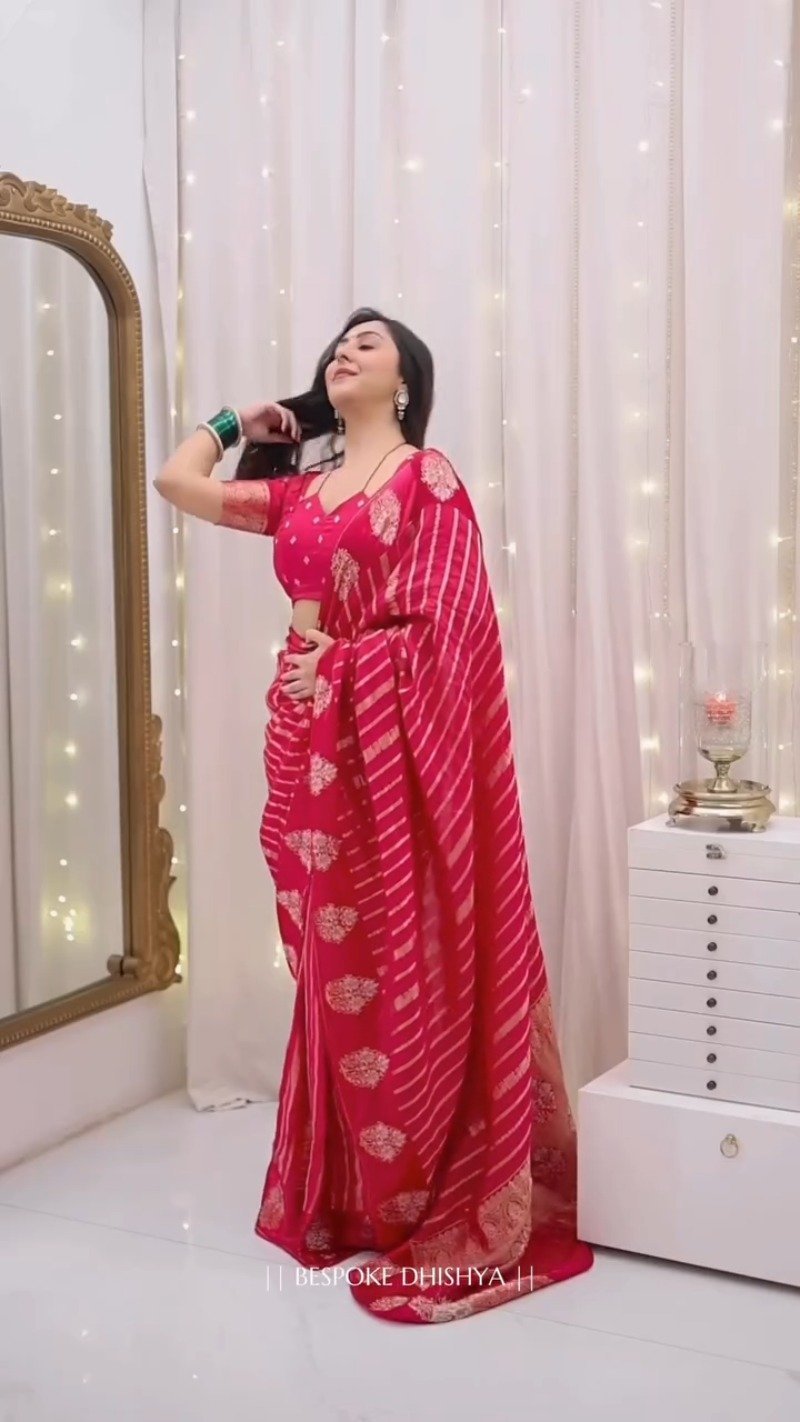 Radiant Crimson Zari-Striped Organza Saree with Embroidered Blouse - Image 4