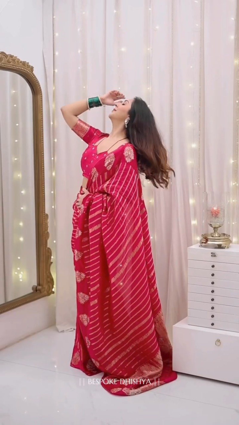 Radiant Crimson Zari-Striped Organza Saree with Embroidered Blouse - Image 5