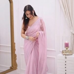 Ethereal Pastel Pink Organza Embellished Saree with Scalloped Border