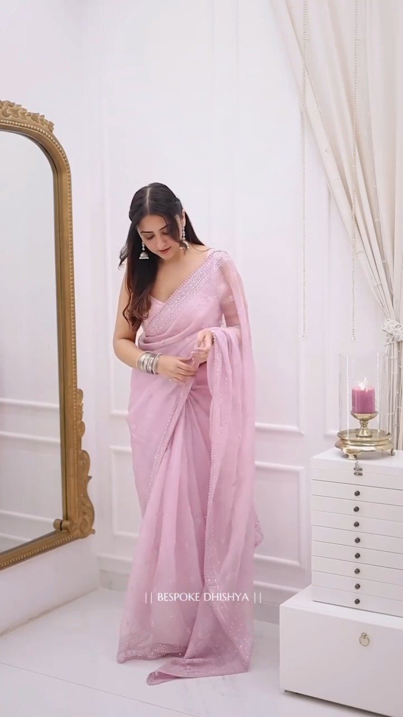 Ethereal Pastel Pink Organza Embellished Saree with Scalloped Border