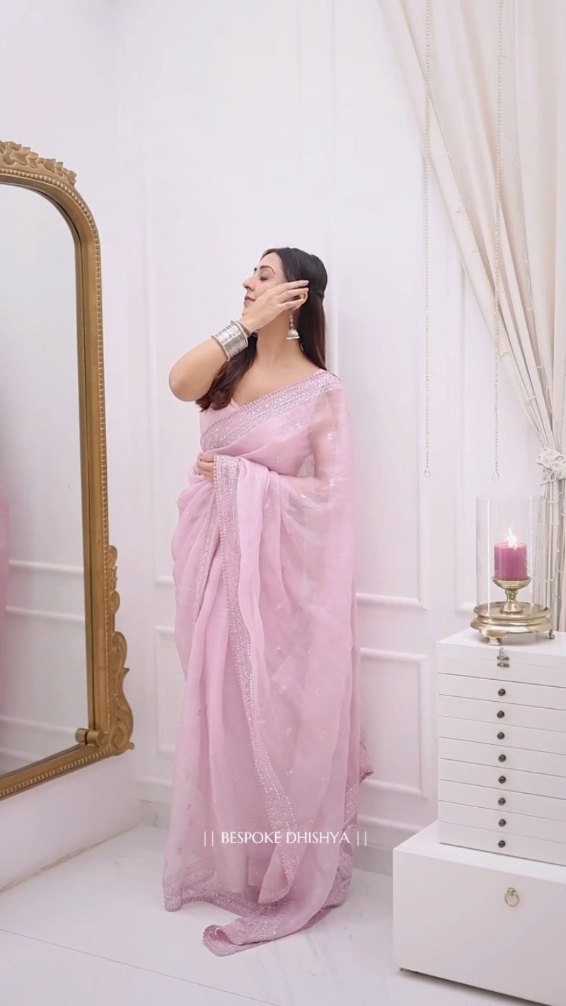 Ethereal Pastel Pink Organza Embellished Saree with Scalloped Border - Image 2