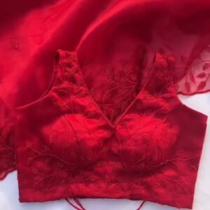 Crimson Charm V-Neck Embroidered Saree Ensemble