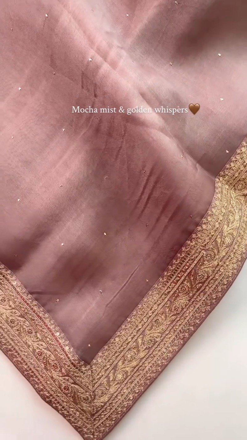 Mocha Mist Embellished Silk Saree with Antique Gold Border
