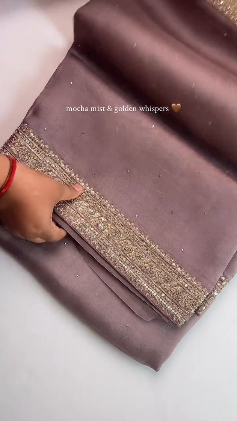 Mocha Mist Embroidered Saree with Golden Zari Border - Image 2
