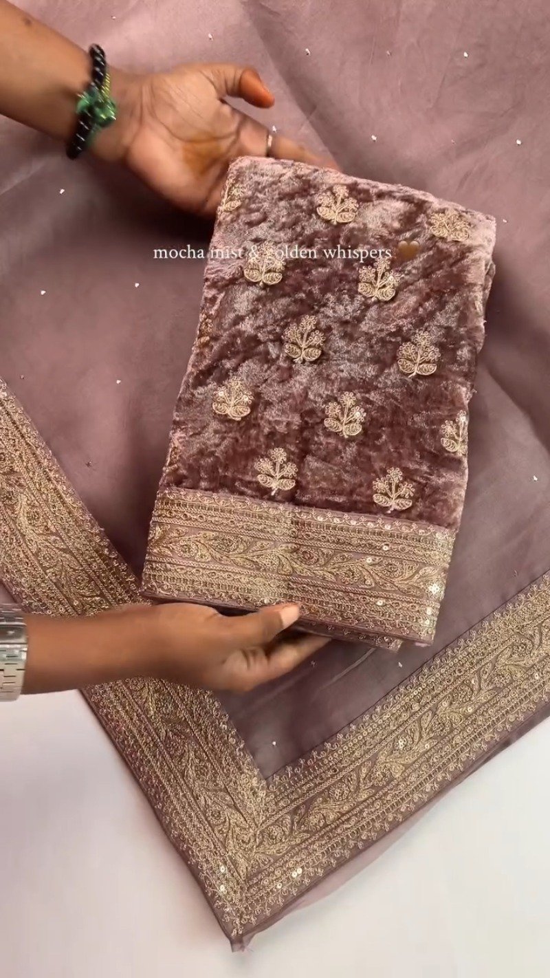 Mocha Mist Embroidered Saree with Golden Zari Border - Image 3