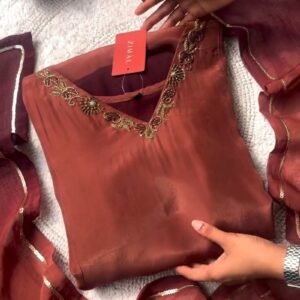 Zimal Rust-Brown Embroidered Kurta Set with Embellished Dupatta