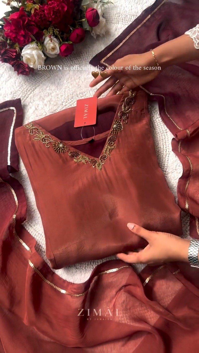 Zimal Rust-Brown Embroidered Kurta Set with Embellished Dupatta
