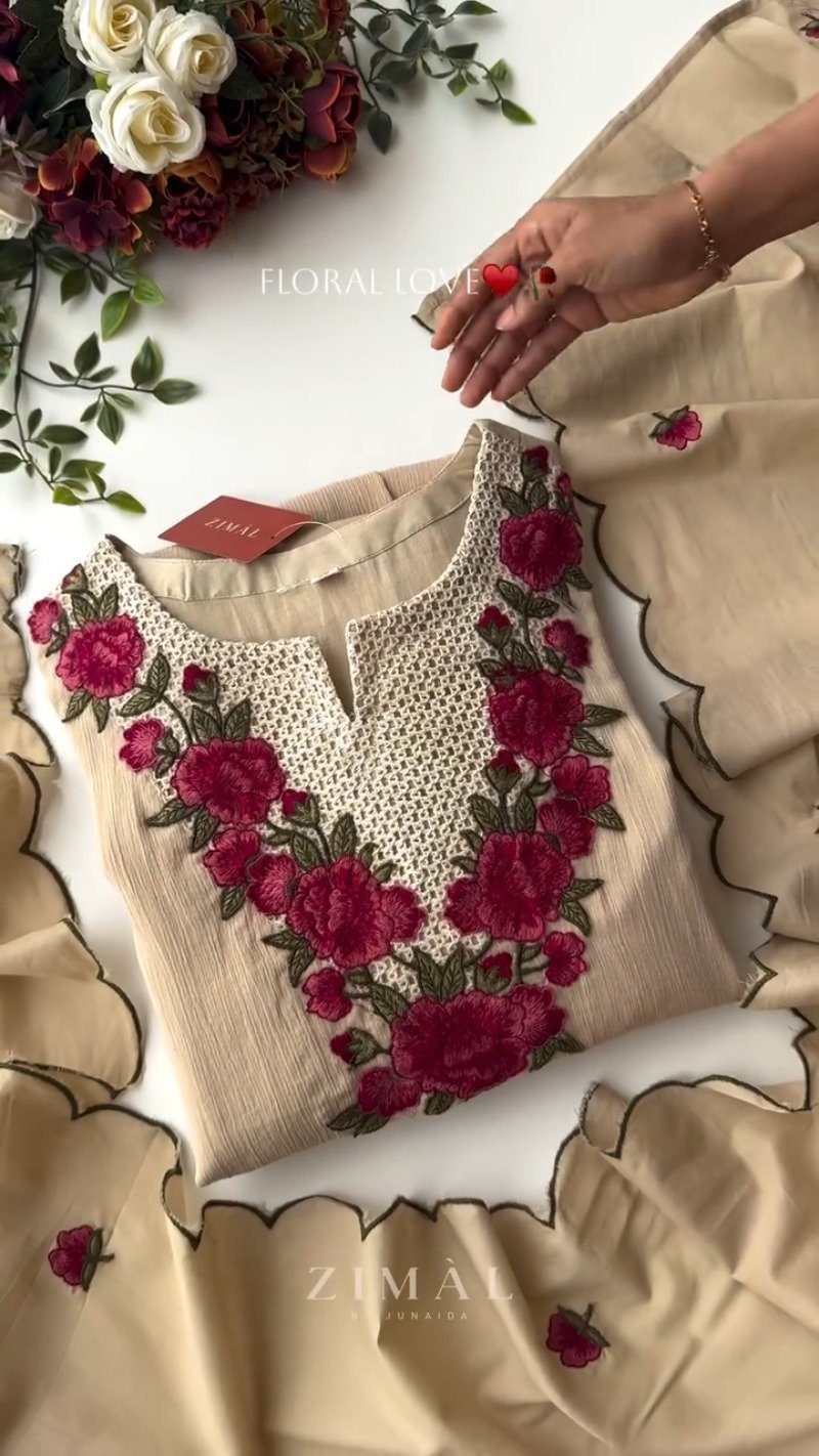 Beige Floral Embroidered Crochet Kurta Set with Scalloped Dupatta