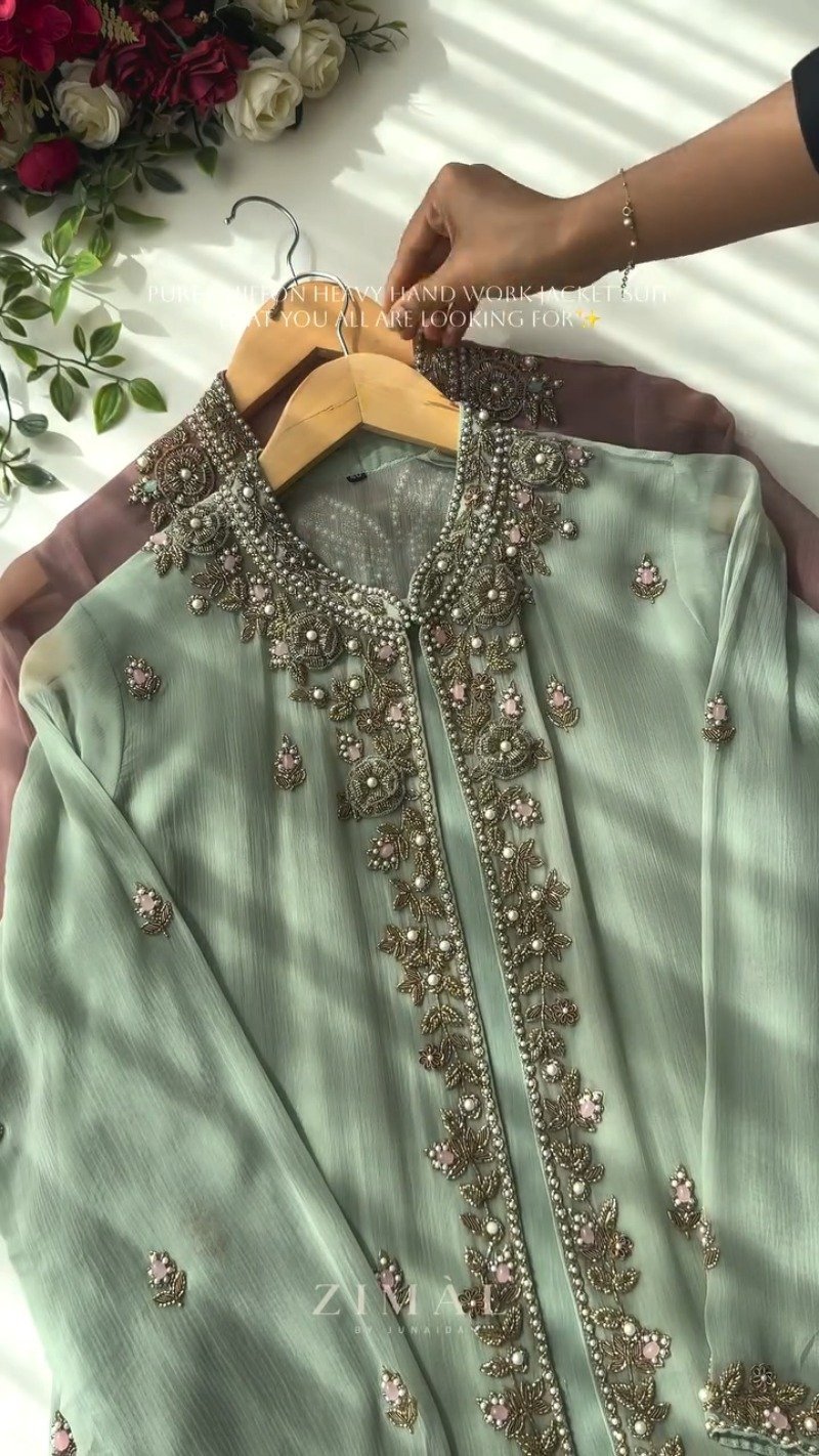 Ethereal Chiffon Hand-Embroidered Jacket Suit โ Available in Sage Green & Dusty Mauve