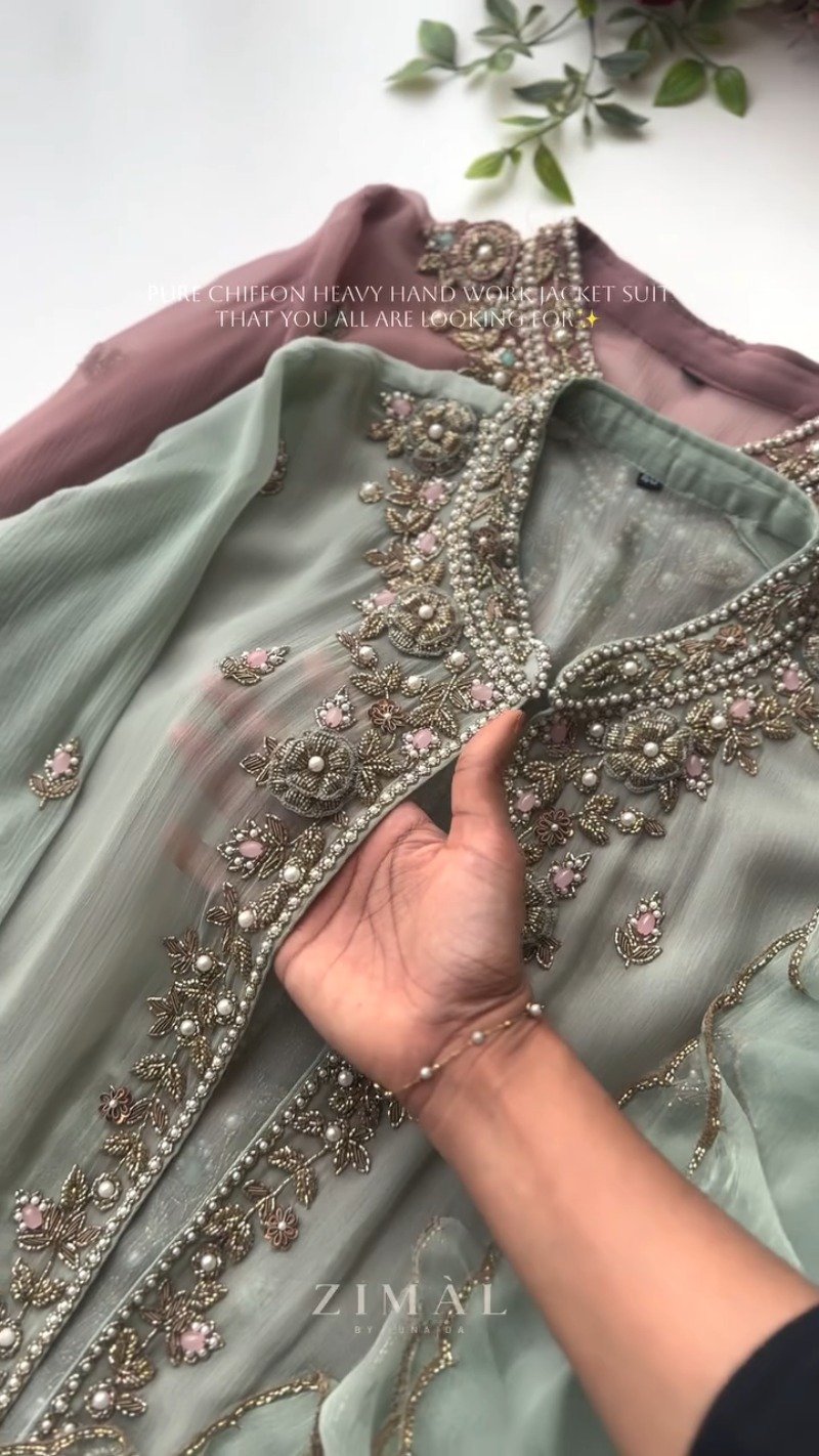 Ethereal Chiffon Hand-Embroidered Jacket Suit โ Available in Sage Green & Dusty Mauve - Image 2