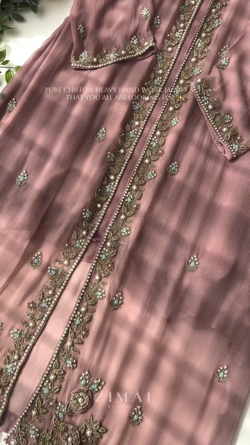 Ethereal Chiffon Hand-Embroidered Jacket Suit โ Available in Sage Green & Dusty Mauve - Image 3