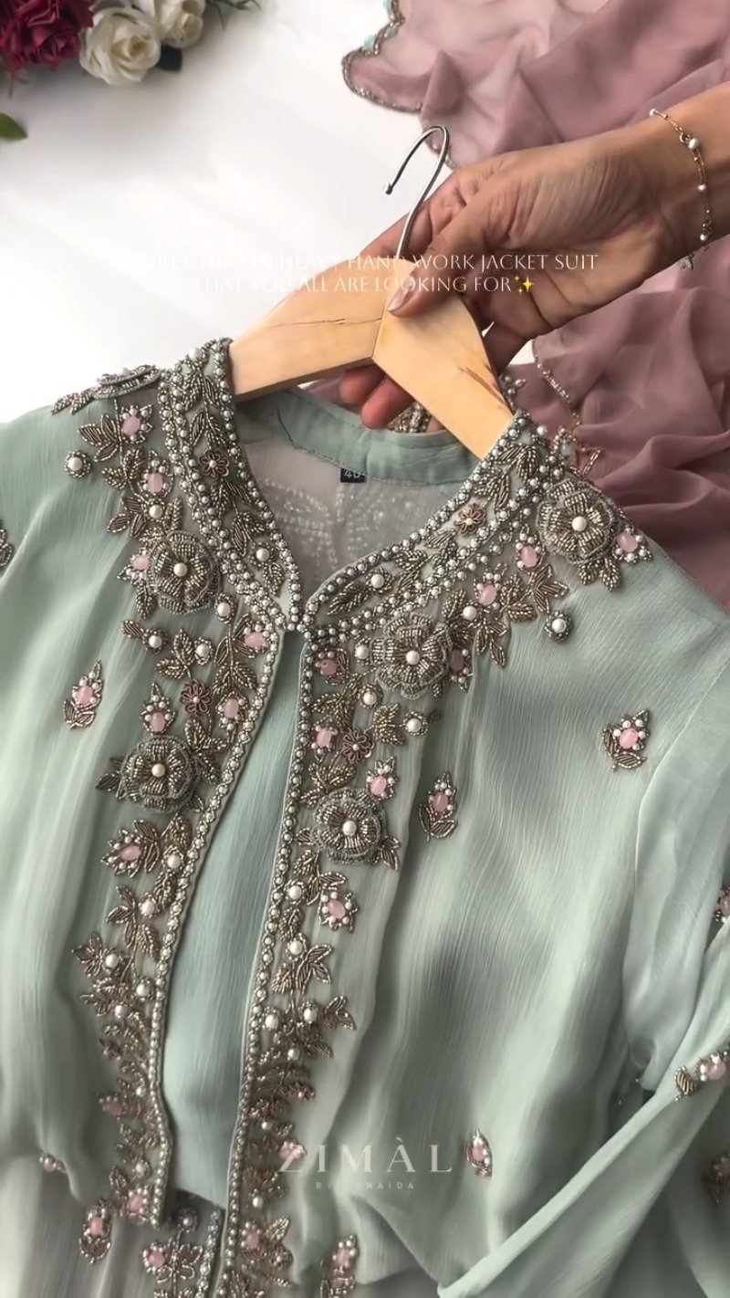 Ethereal Chiffon Hand-Embroidered Jacket Suit โ Available in Sage Green & Dusty Mauve - Image 4