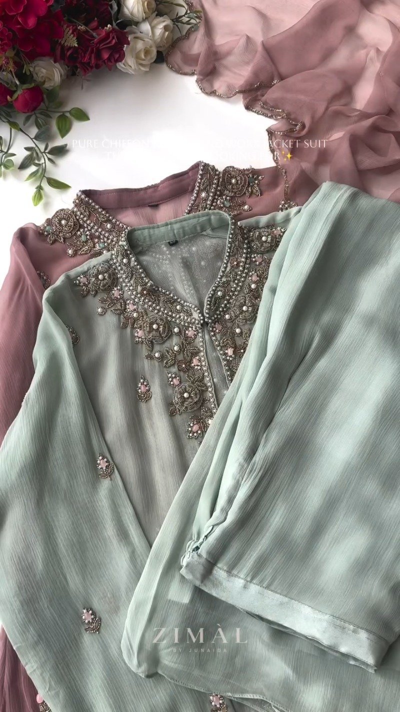 Ethereal Chiffon Hand-Embroidered Jacket Suit โ Available in Sage Green & Dusty Mauve - Image 5