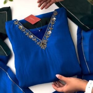 Royal Blue Embellished Kurta Ensemble with Contrast Stole – Available in Royal Blue & Forest Green