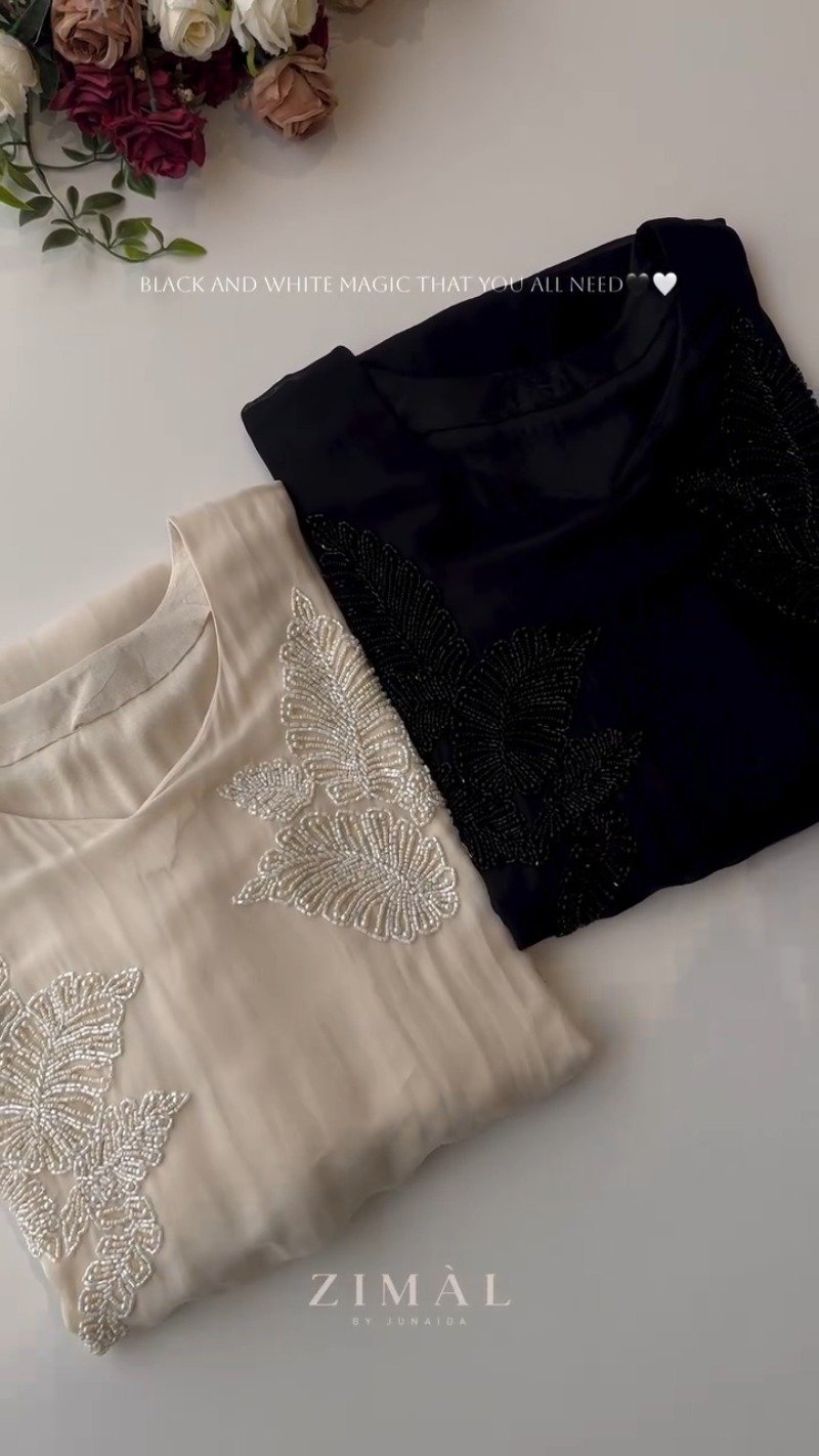 Ethereal Bead-Embellished Minimalist Kurta Set β Available in Midnight Black & Champagne Ivory