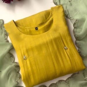 Sun-Kissed Mustard Raw Silk Kurta Set with Scalloped Sage Dupatta