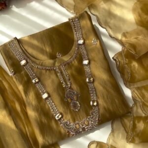 Opulent Golden Organza Embellished Kurta Set with Crystal Detailing