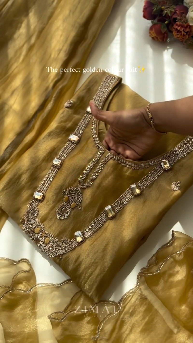 Opulent Golden Organza Embellished Kurta Set with Crystal Detailing - Image 2