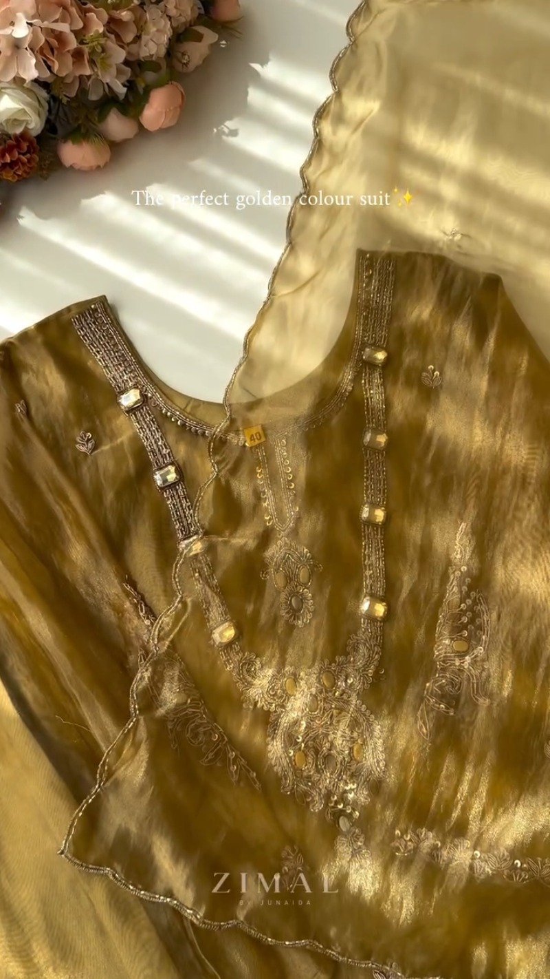 Opulent Golden Organza Embellished Kurta Set with Crystal Detailing - Image 4