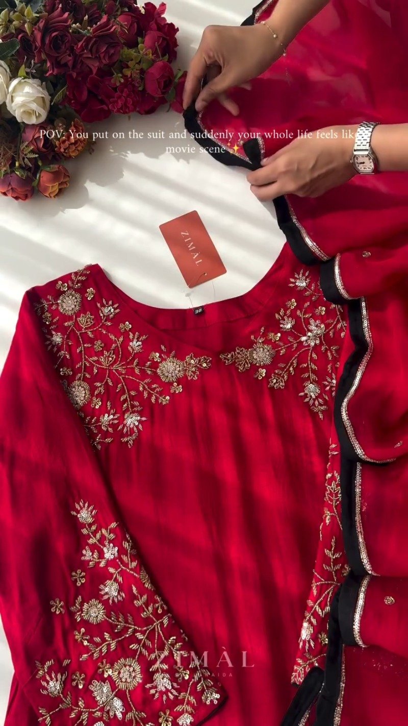 Crimson Bloom Embroidered Kurta Set with Scalloped Dupatta