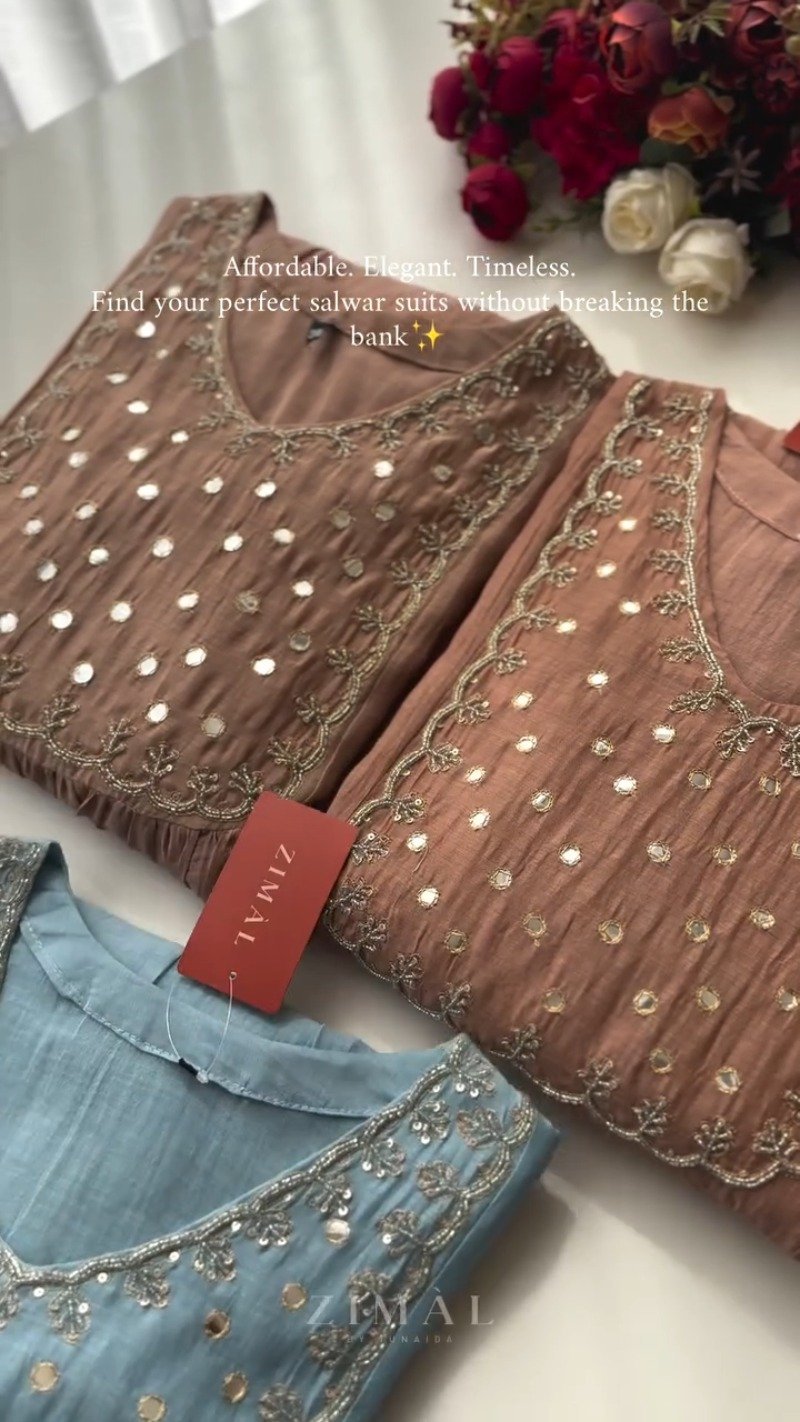 Ethereal Mirror-Work Embroidered Anarkali Kurta Set โ Available in Dusty Rose & Powder Blue