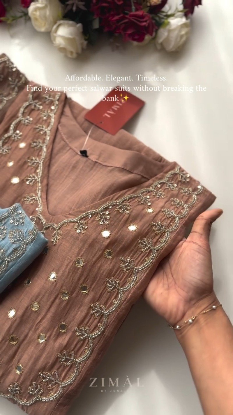 Ethereal Mirror-Work Embroidered Anarkali Kurta Set โ Available in Dusty Rose & Powder Blue - Image 2