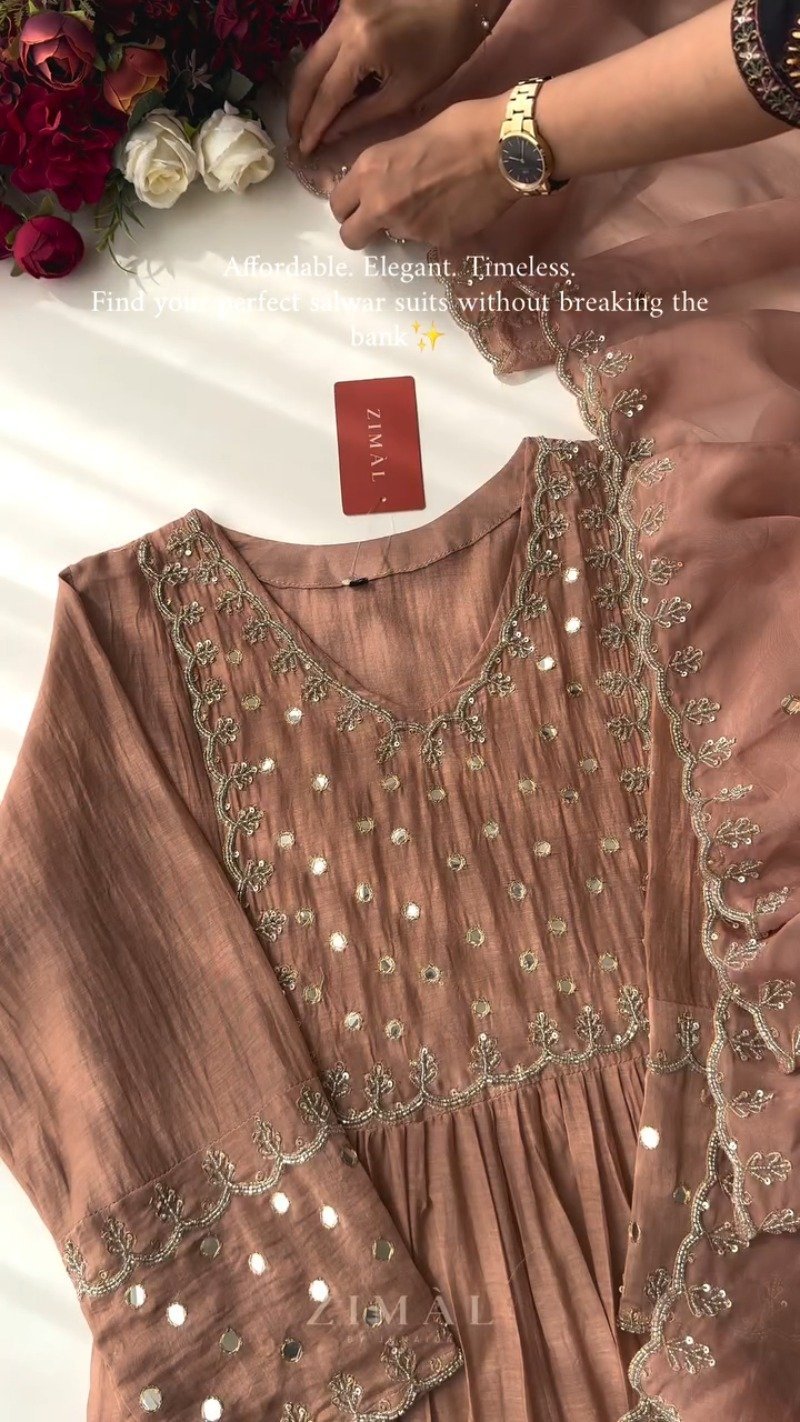 Ethereal Mirror-Work Embroidered Anarkali Kurta Set โ Available in Dusty Rose & Powder Blue - Image 3