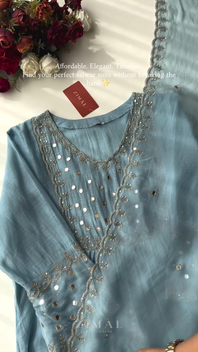 Ethereal Mirror-Work Embroidered Anarkali Kurta Set โ Available in Dusty Rose & Powder Blue - Image 4