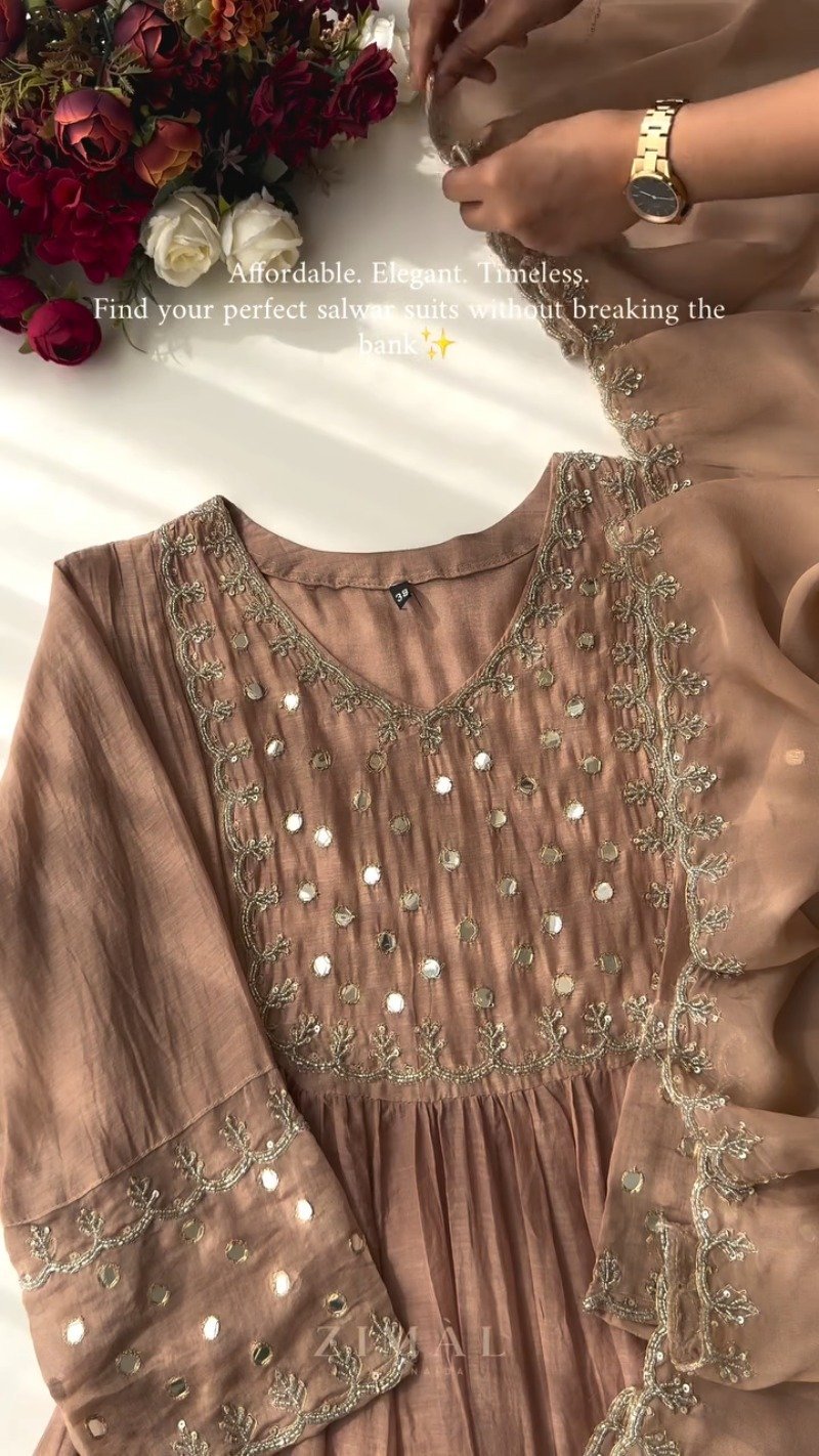 Ethereal Mirror-Work Embroidered Anarkali Kurta Set โ Available in Dusty Rose & Powder Blue - Image 6
