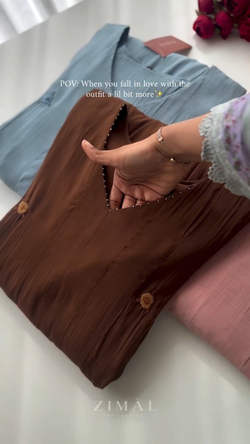 Ethereal Embroidered V-Neck Kurta Set โ Available in Earthy Brown, Dusty Pink & Serene Blue