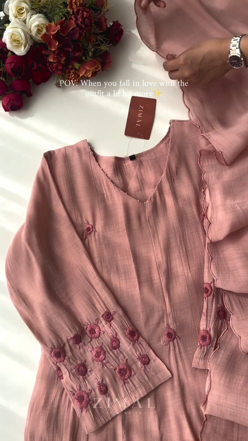 Ethereal Embroidered V-Neck Kurta Set โ Available in Earthy Brown, Dusty Pink & Serene Blue - Image 3