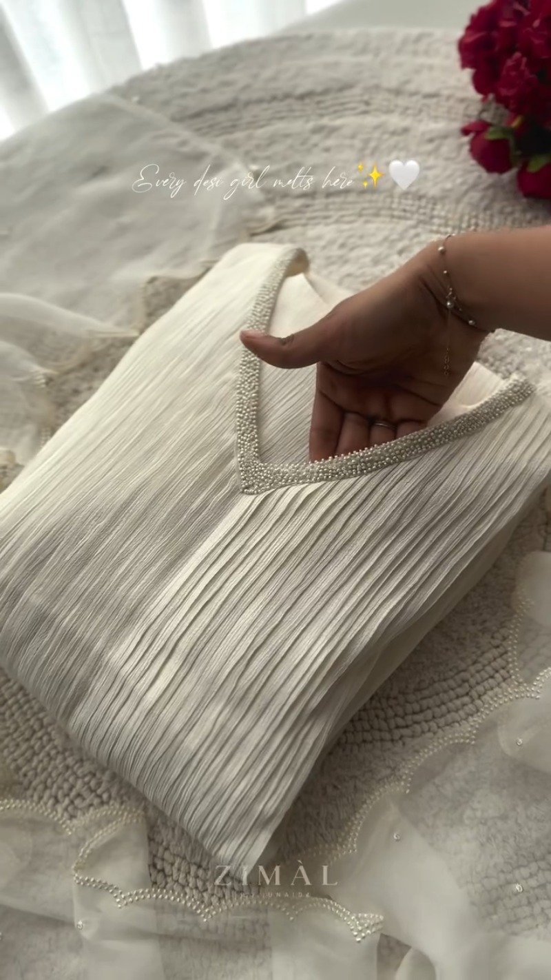 Ethereal Pearl-Embellished Ivory Pleated Co-Ord Set