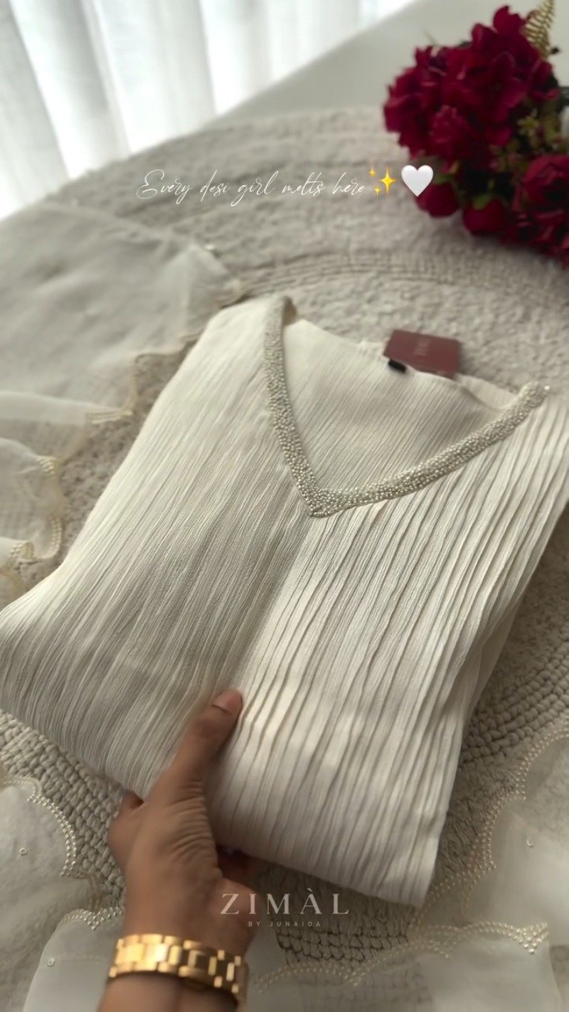 Ethereal Pearl-Embellished Ivory Pleated Co-Ord Set - Image 3