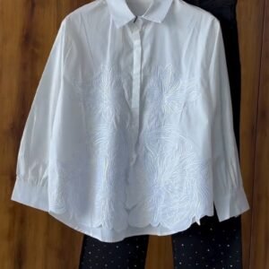 Floral Embroidered Cotton Shirt and Crystal Embellished Trouser Set – Available in White, Beige, Peach & Pink