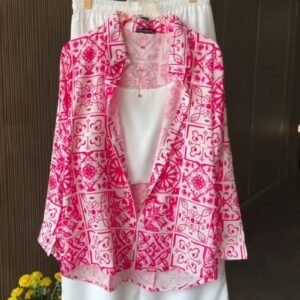 Mediterranean Tile Print Pure Linen Co-Ord Set – Available in Vibrant Pink & Royal Blue