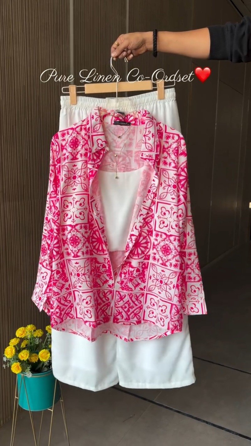 Mediterranean Tile Print Pure Linen Co-Ord Set β Available in Vibrant Pink & Royal Blue