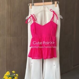 Chic Pleated Tiered Cami Top and Slit Trousers Co-ord Set – Available in Vibrant Pink, Pastel Blue, Sunny Yellow & Sage Green