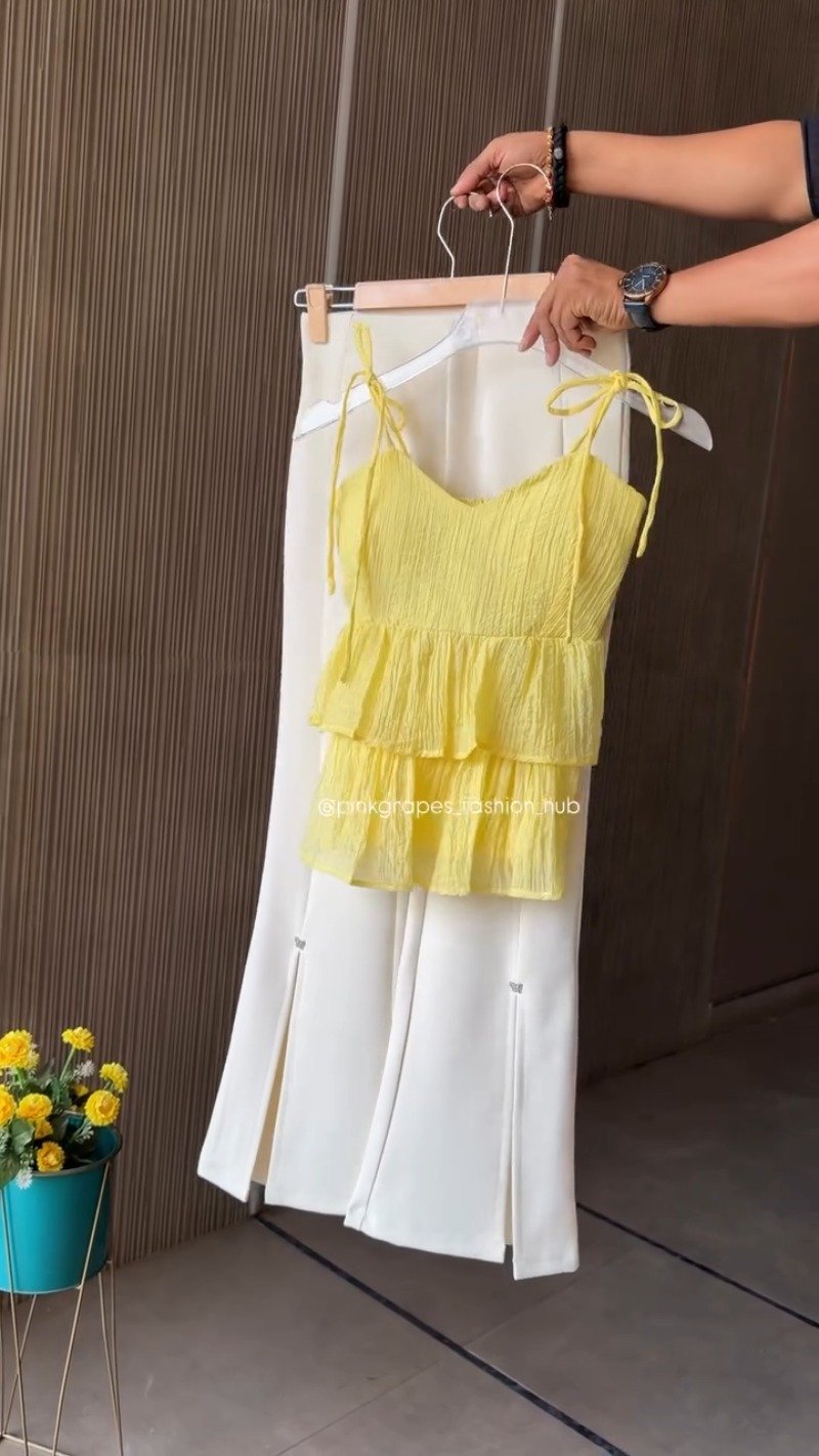 Chic Pleated Tiered Cami Top and Slit Trousers Co-ord Set β Available in Vibrant Pink, Pastel Blue, Sunny Yellow & Sage Green - Image 3