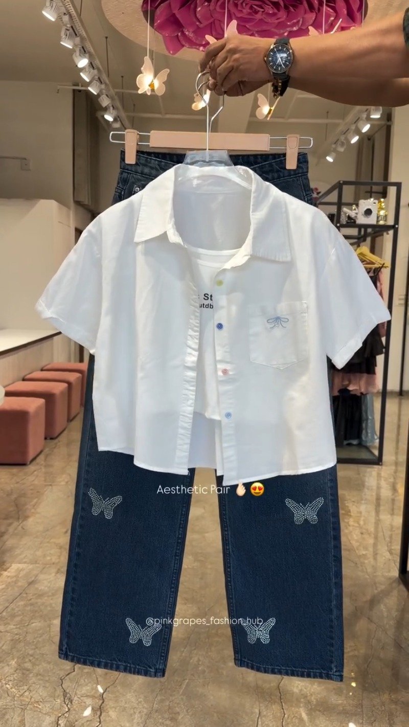Chic Butterfly & Rhinestone Embellished Denim Co-ord Set โ Available in White, Mint, Sky Blue & Lilac
